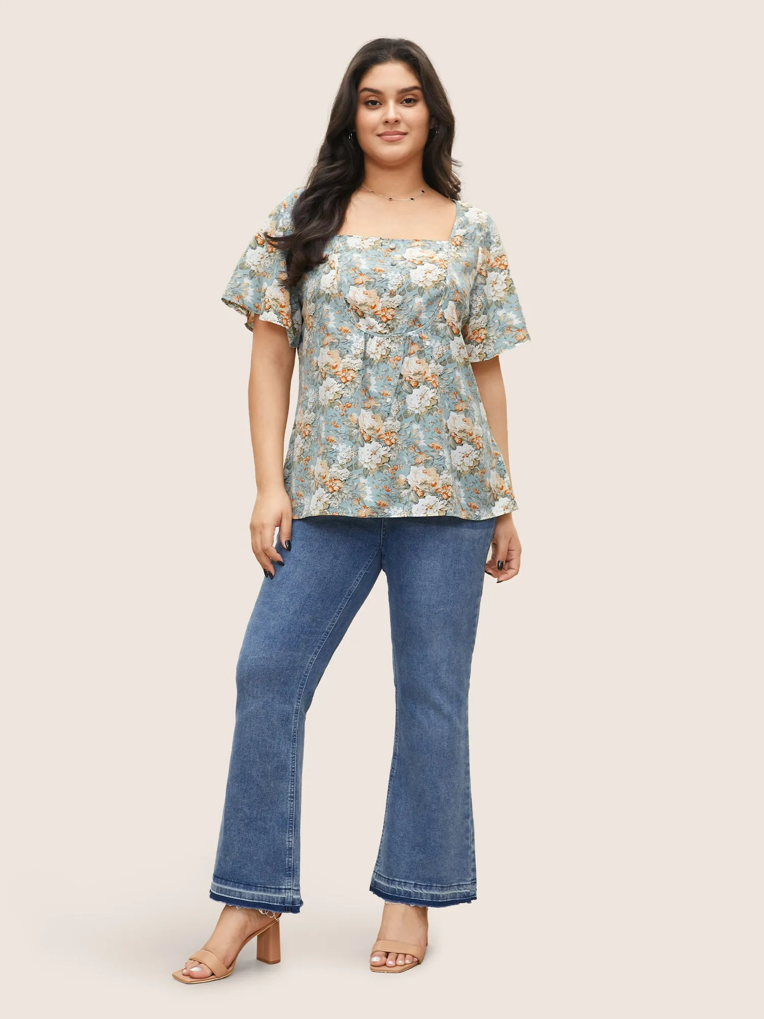 Floral Square Neck Ruffle Sleeve Gathered Blouse sold by Bloomchic product image thumbnail 2