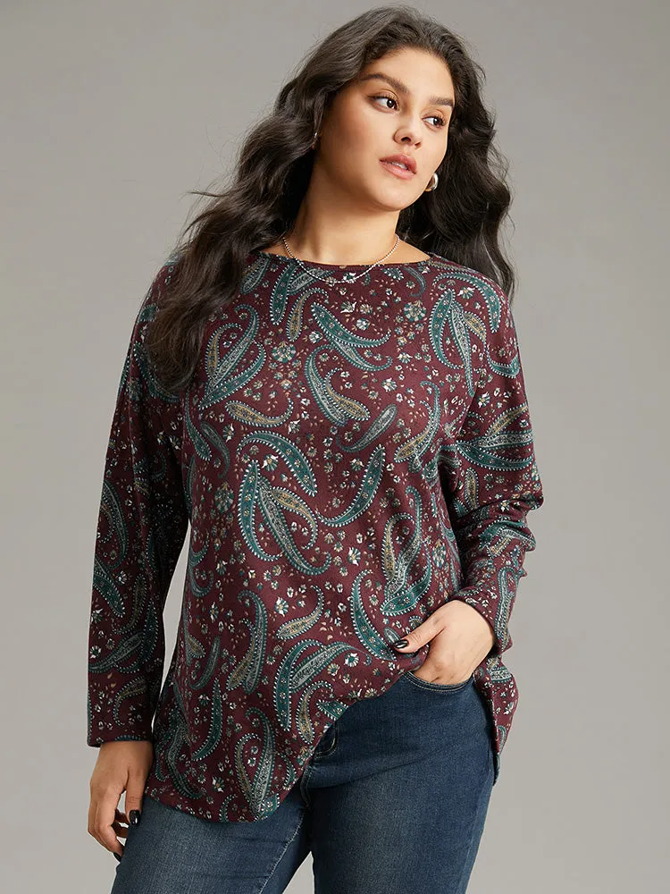 Paisley Print Round Neck Slightly Stretchy T-shirt sold by Bloomchic