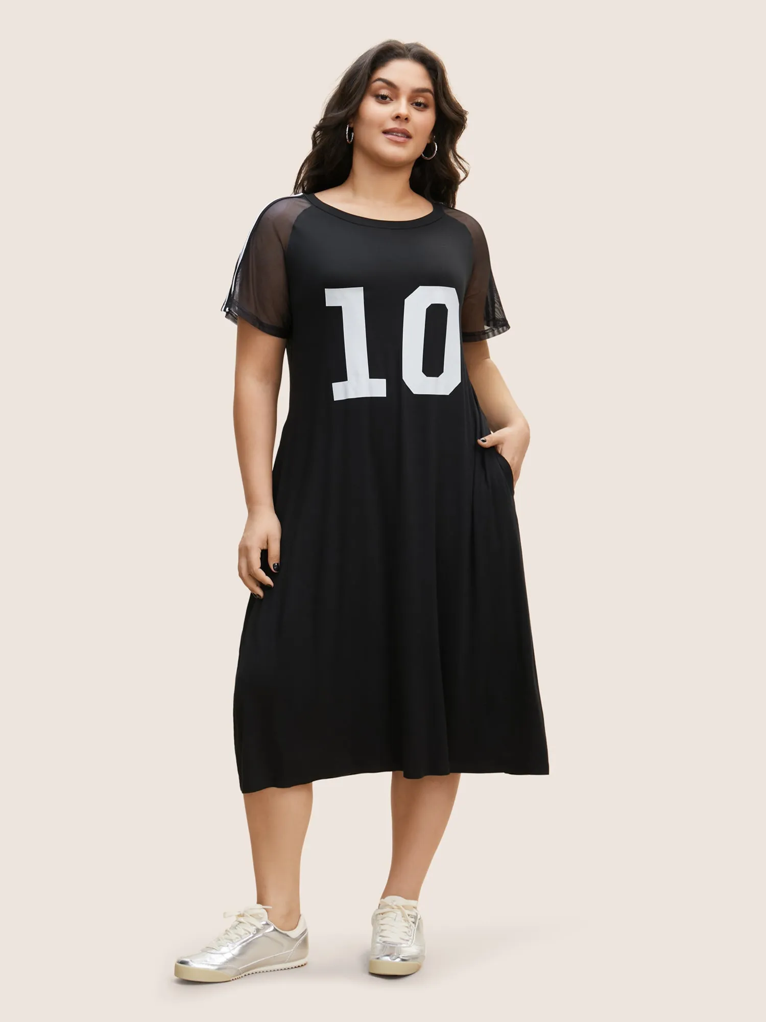 Number Print Striped Mesh Patchwork Midi Dress sold by Bloomchic