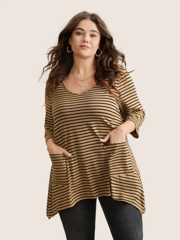 Striped Pocket Asymmetrical Split Hem Tunic T-shirt sold by Bloomchic