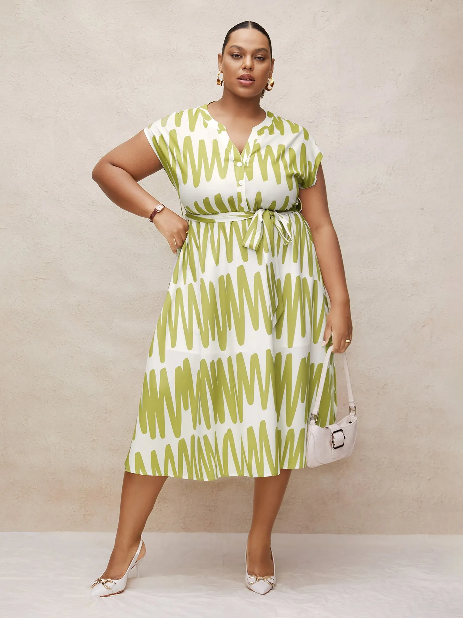 Notched Striped Elastic Waist Split Hem Midi Dress sold by Bloomchic