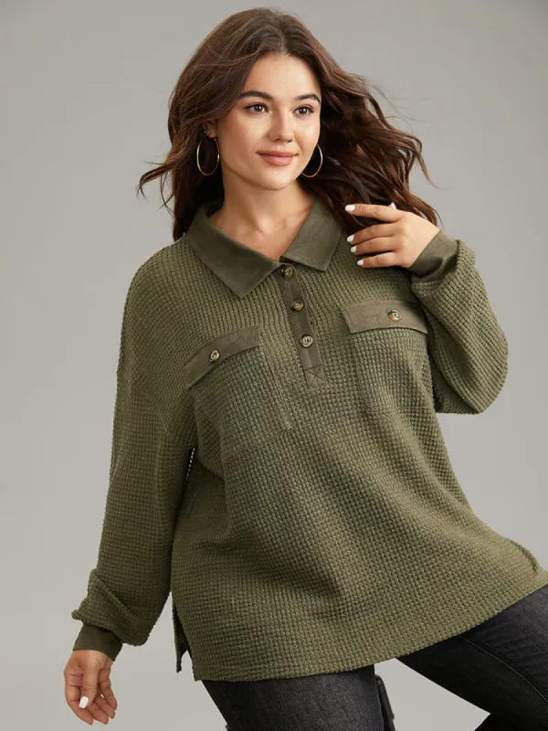 Faux Suede Patchwork Waffle Knit Flap Pocket Sweatshirt sold by Bloomchic