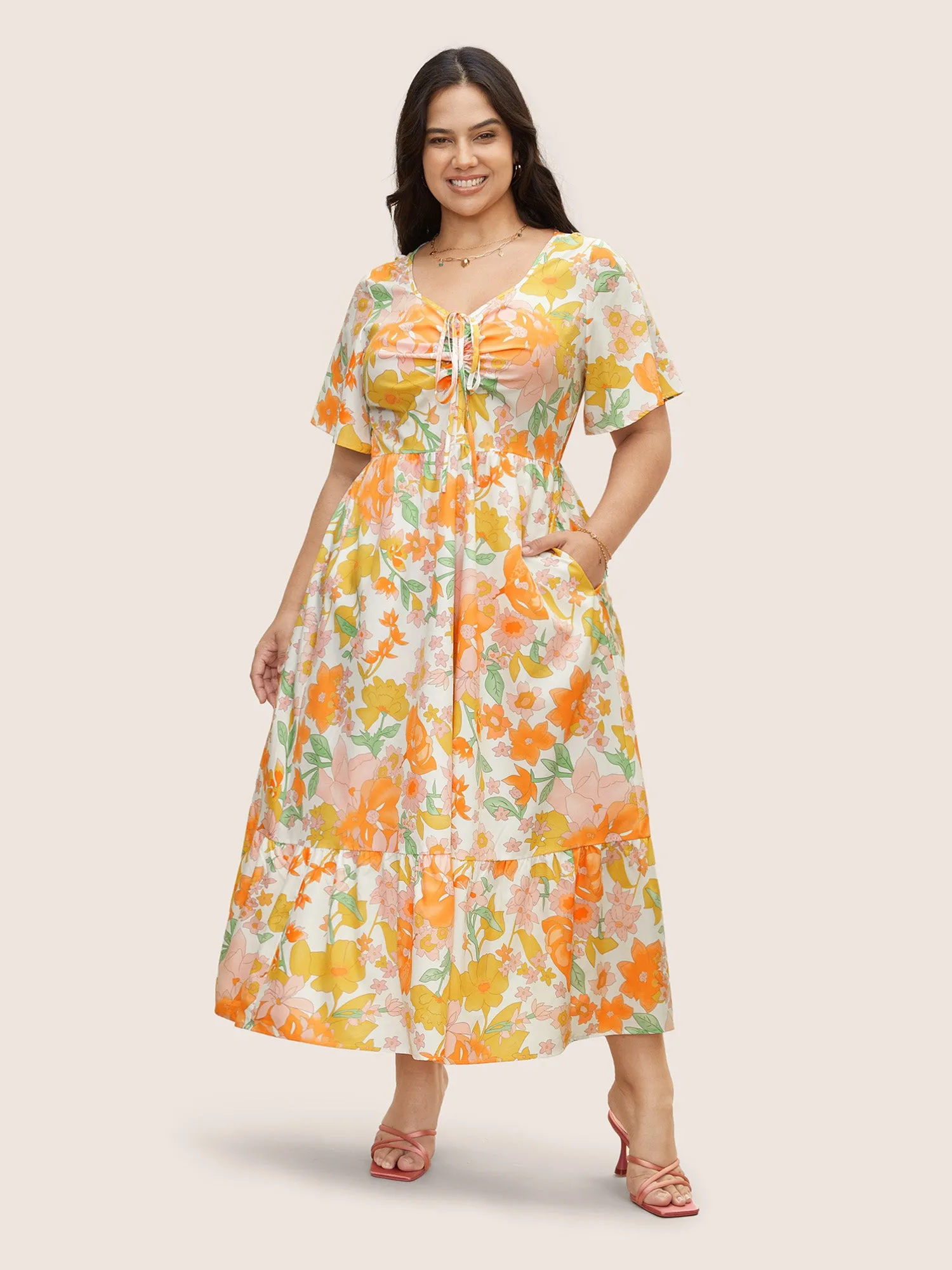 V Neck Floral Drawstring Maxi Dress sold by Bloomchic
