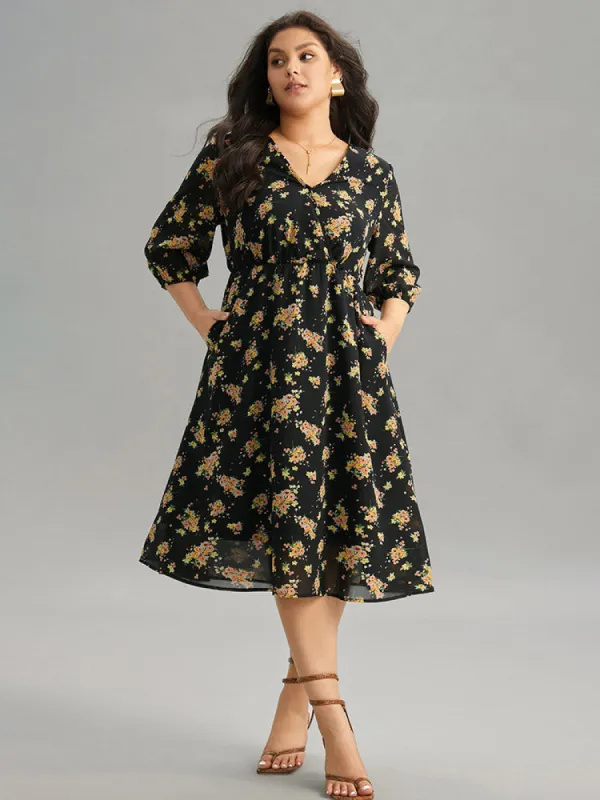 Floral Overlap Collar Pocket Elastic Waist Dress sold by Bloomchic