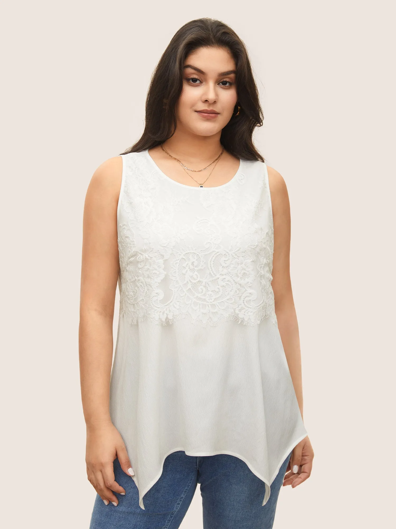 Eyelet Lace Patchwork Hanky Hem Tank Top sold by Bloomchic