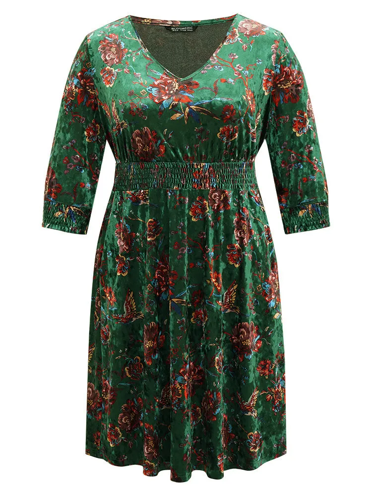 Christmas Floral Velvet Shirred Pocket Dress sold by Bloomchic product image thumbnail 5