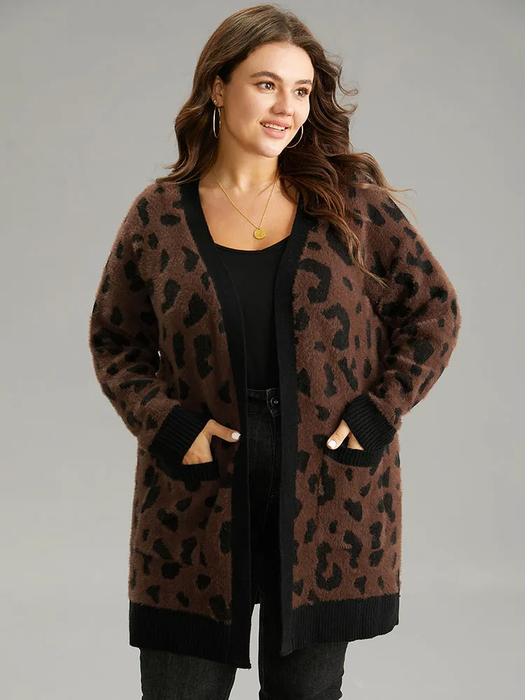Leopard Contrast Open Front Jacquard Cardigan sold by Bloomchic
