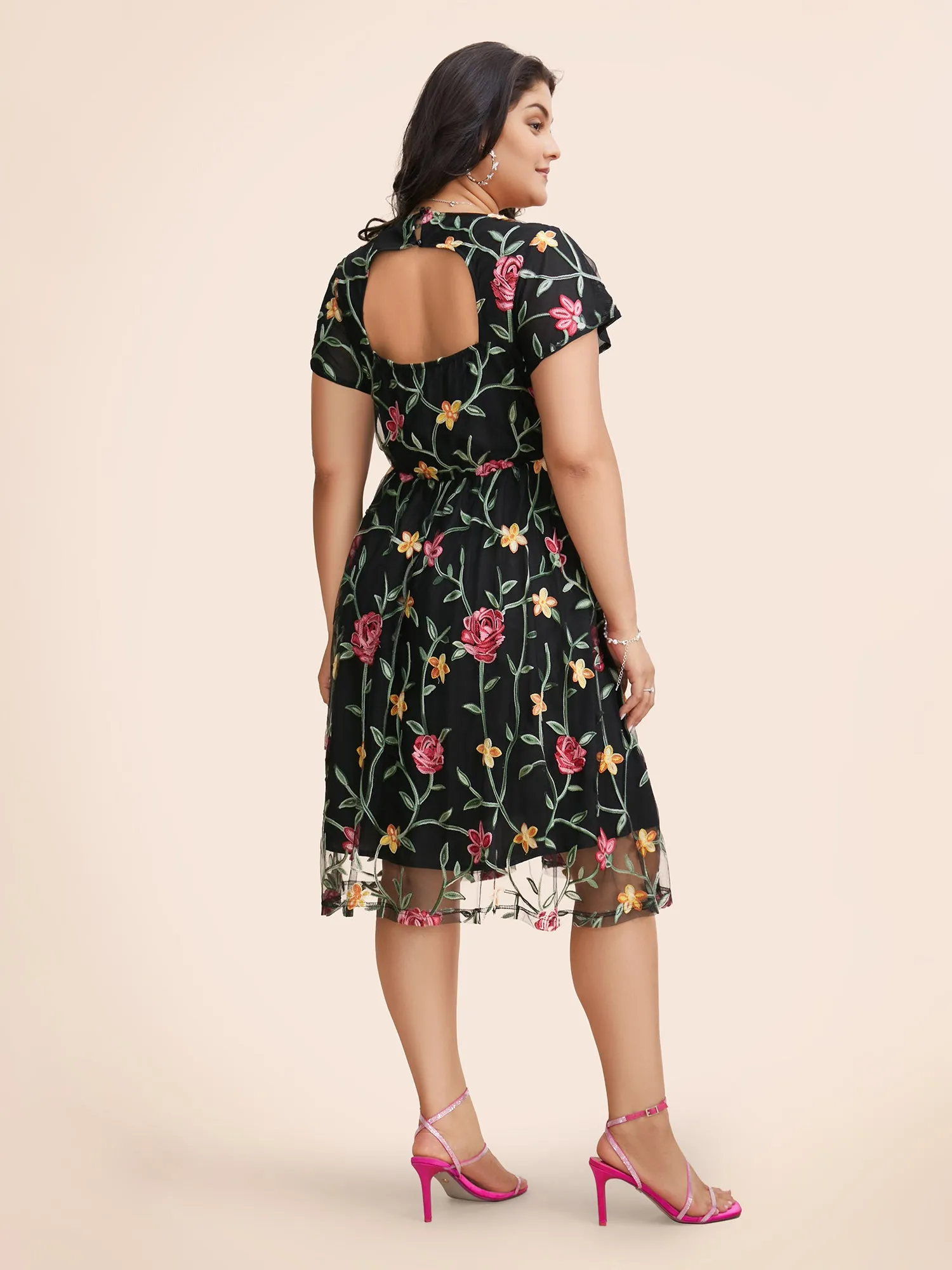 Floral Embroidered Mesh Backless Dress sold by Bloomchic