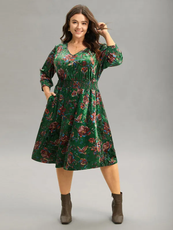 Christmas Floral Velvet Shirred Pocket Dress sold by Bloomchic