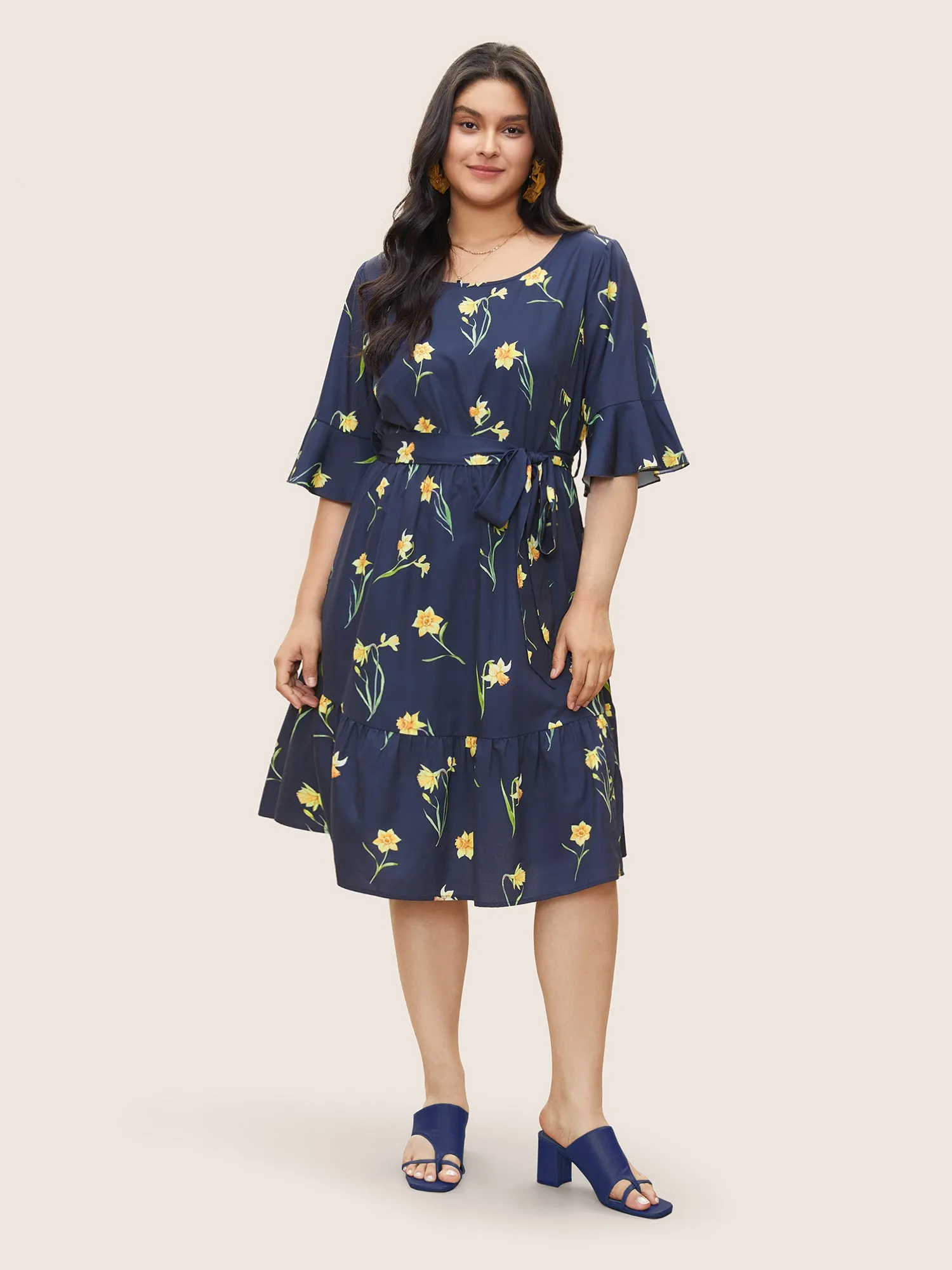 Floral Print Belted Gathered Bell Sleeve Dress sold by Bloomchic product image thumbnail 2
