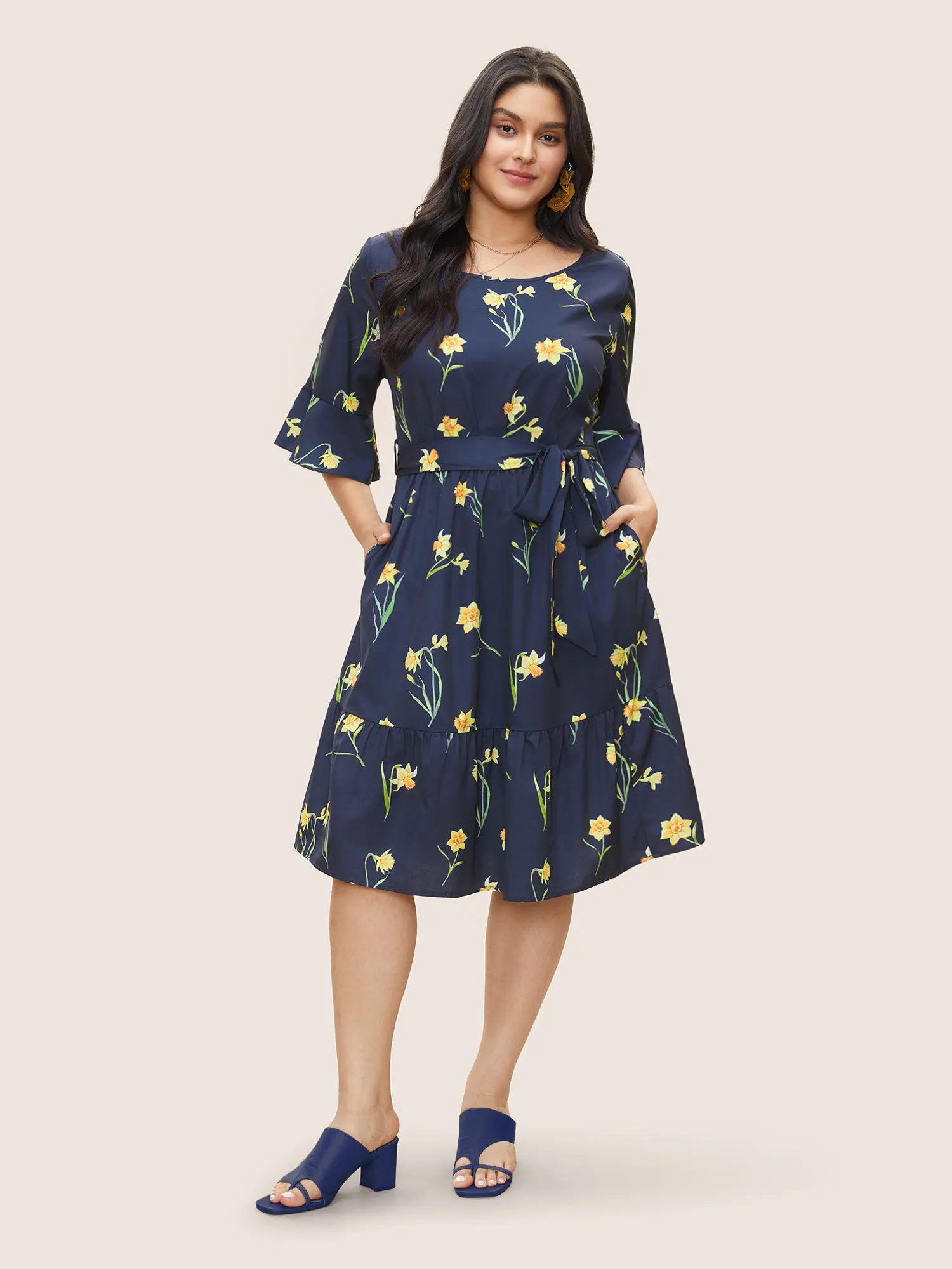 Floral Print Belted Gathered Bell Sleeve Dress sold by Bloomchic