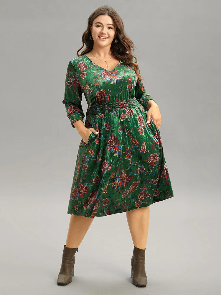 Christmas Floral Velvet Shirred Pocket Dress sold by Bloomchic product image thumbnail 3