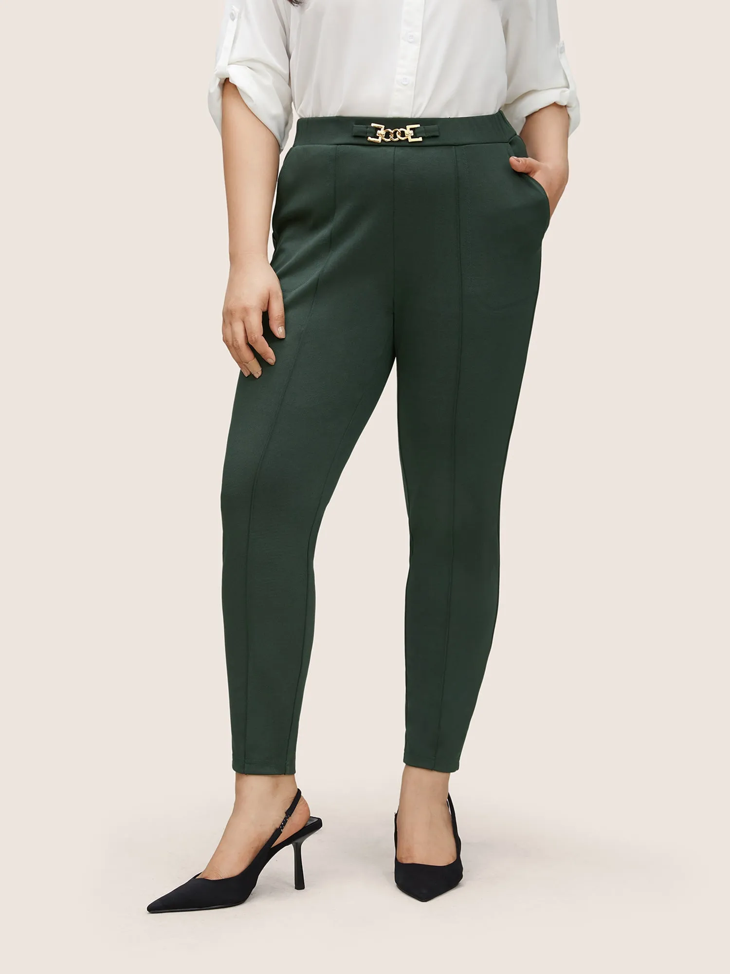 Metal Buckle Detail High Rise Skinny Pants sold by Bloomchic