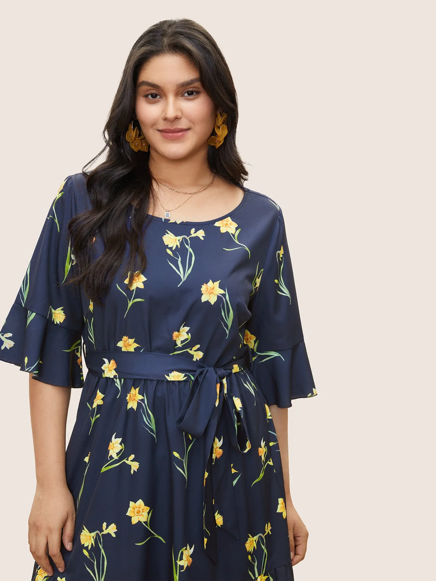 Floral Print Belted Gathered Bell Sleeve Dress sold by Bloomchic product image thumbnail 4