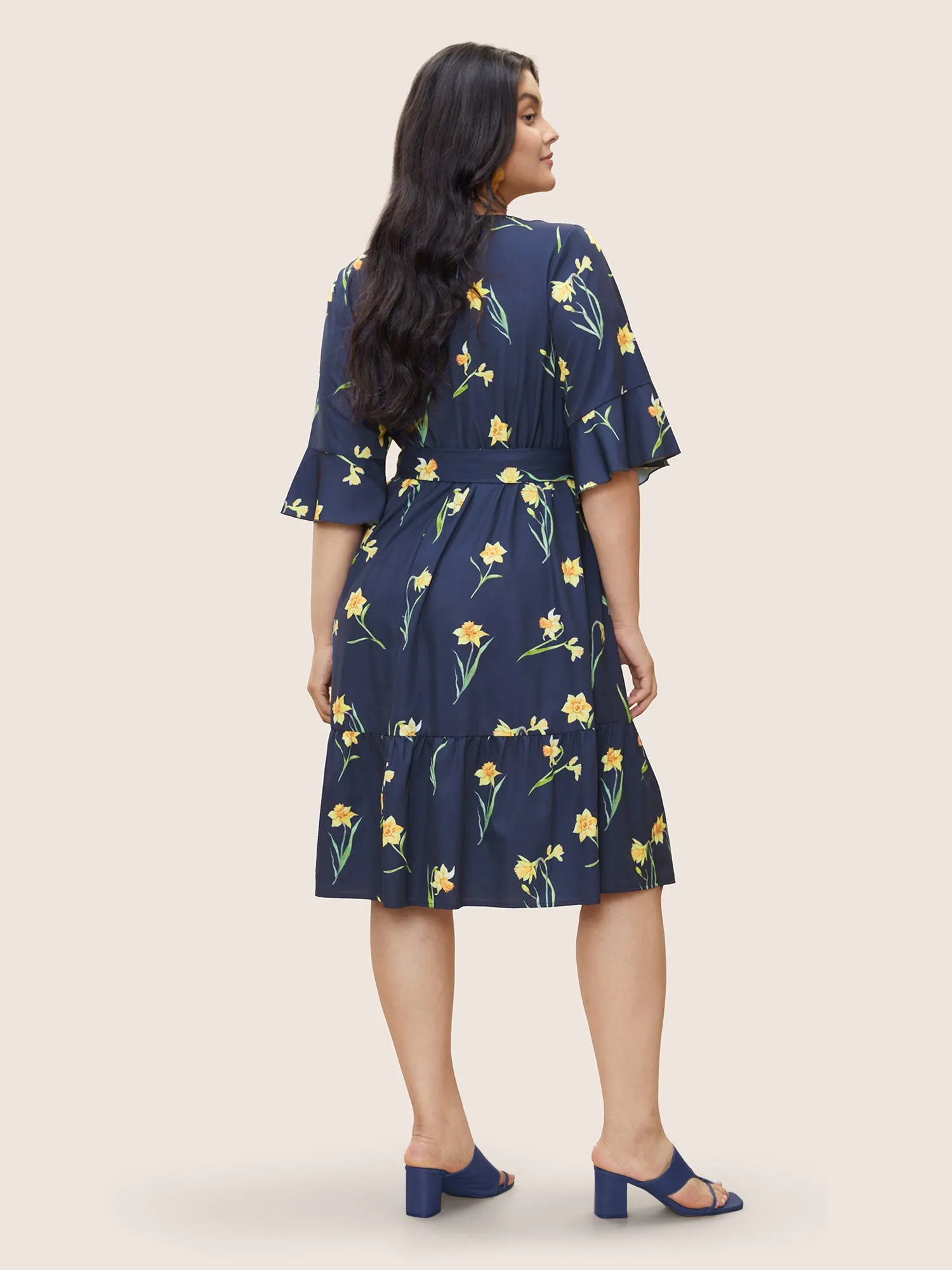 Floral Print Belted Gathered Bell Sleeve Dress sold by Bloomchic product image thumbnail 3