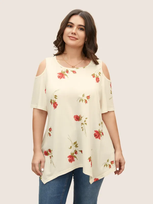 Rose Print Cold Shoulder T-shirt made by Bloomchic