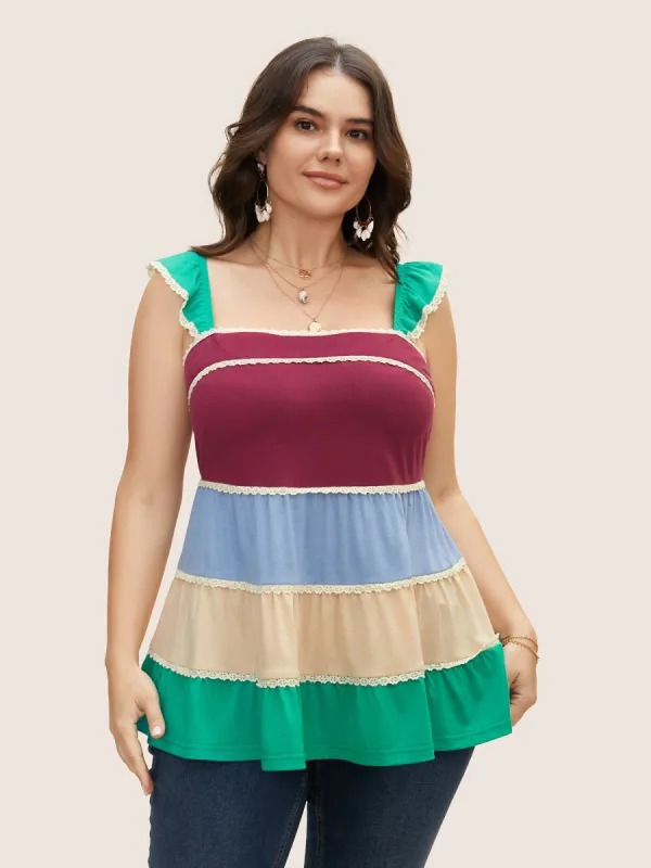 Contrast Lace Patchwork Ruffles Tank Top sold by Bloomchic