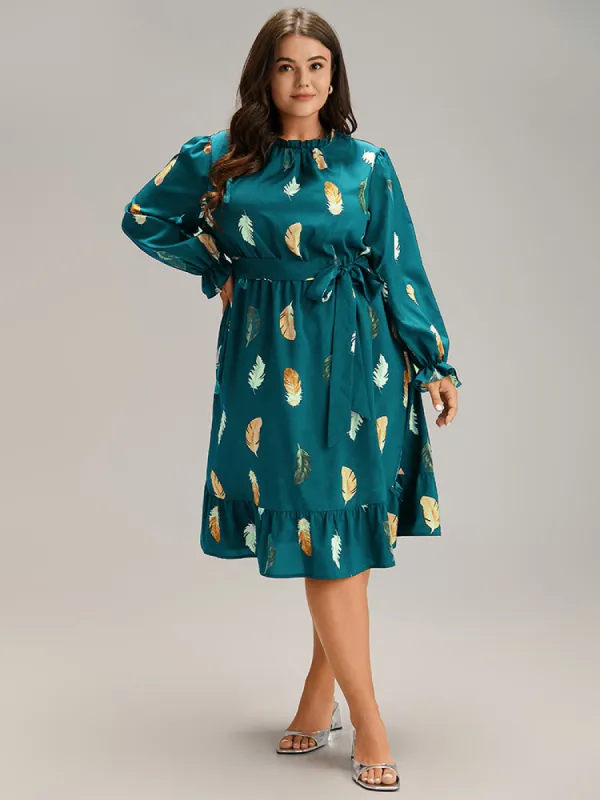 Feather Print Frill Trim Belted Ruffle Hem Dress sold by Bloomchic
