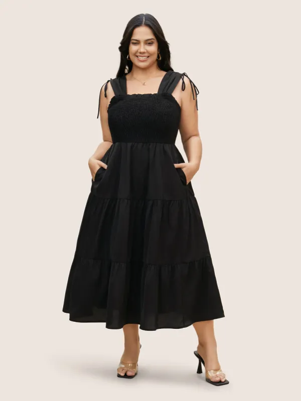 Plain Shirred Drawstring Ruffle Layered Hem Dress sold by Bloomchic
