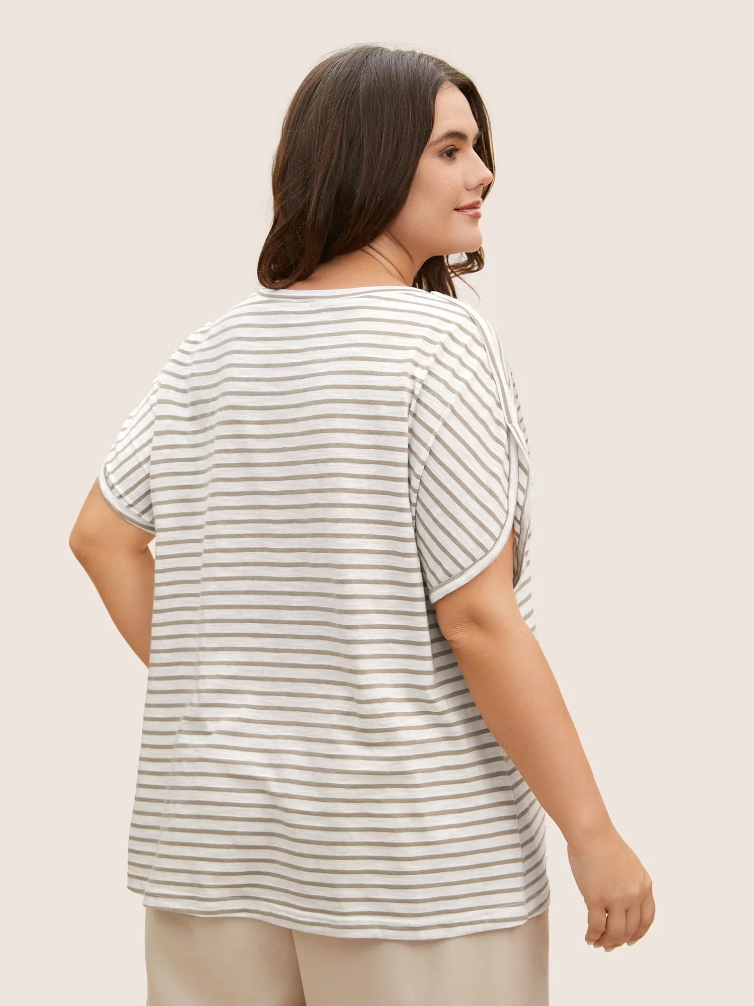Cotton Striped Print Round Neck Petal Sleeve T-shirt sold by Bloomchic product image thumbnail 3
