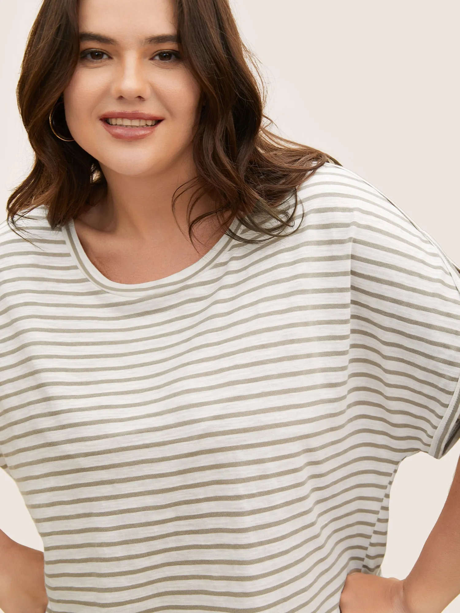 Cotton Striped Print Round Neck Petal Sleeve T-shirt sold by Bloomchic product image thumbnail 4