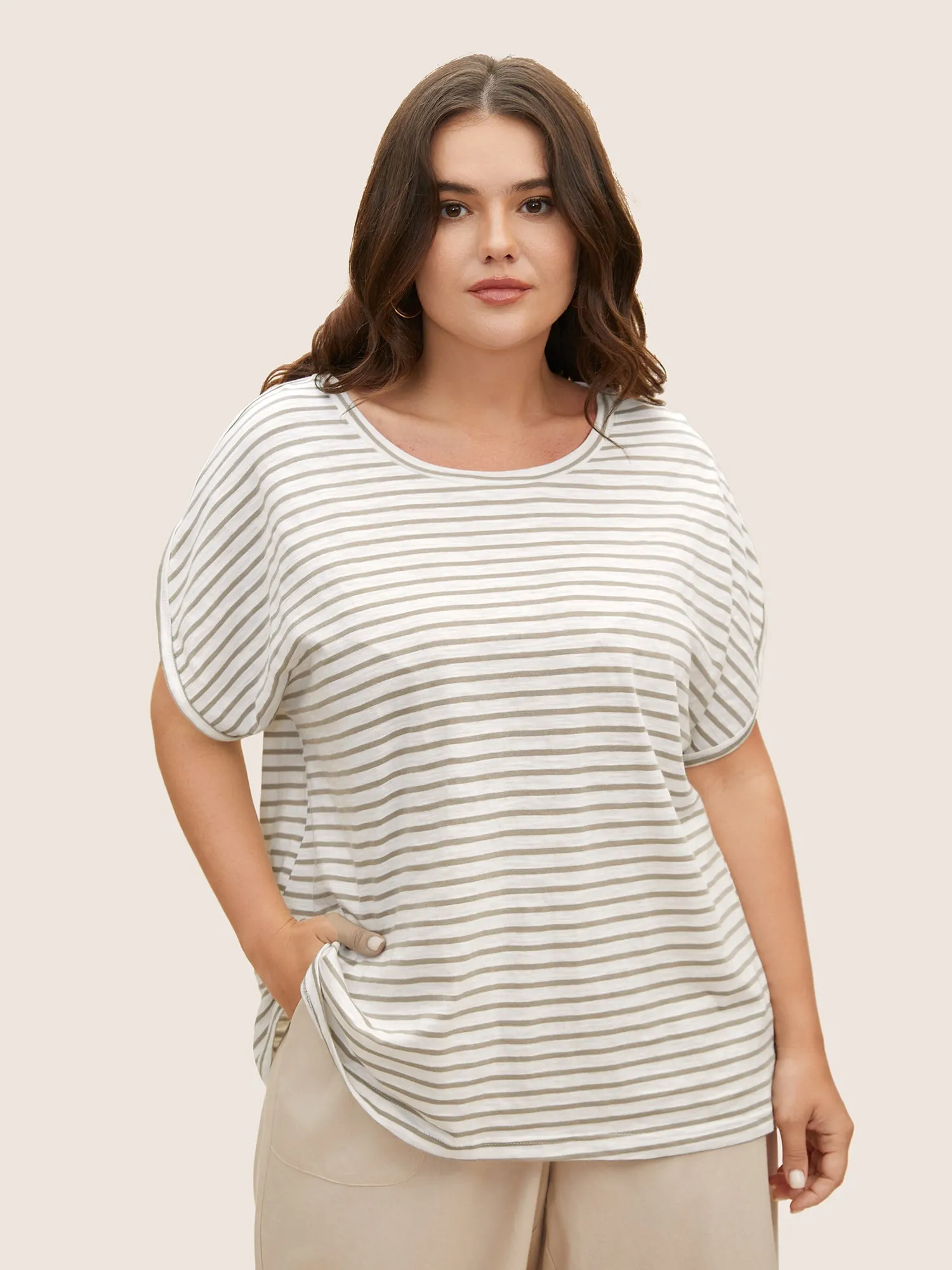 Cotton Striped Print Round Neck Petal Sleeve T-shirt sold by Bloomchic