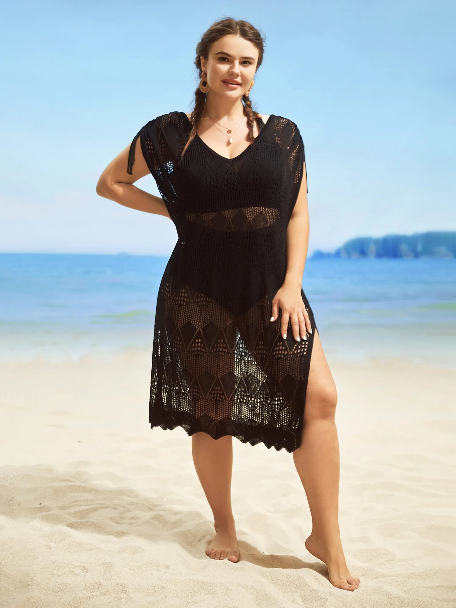 Solid Drawstring Cut Out Split Hem Swim Cover Up sold by Bloomchic