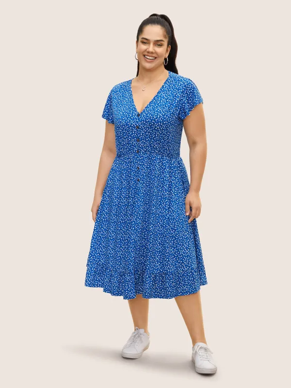 Ditsy Floral Button Detail Flutter Sleeve Dress sold by Bloomchic