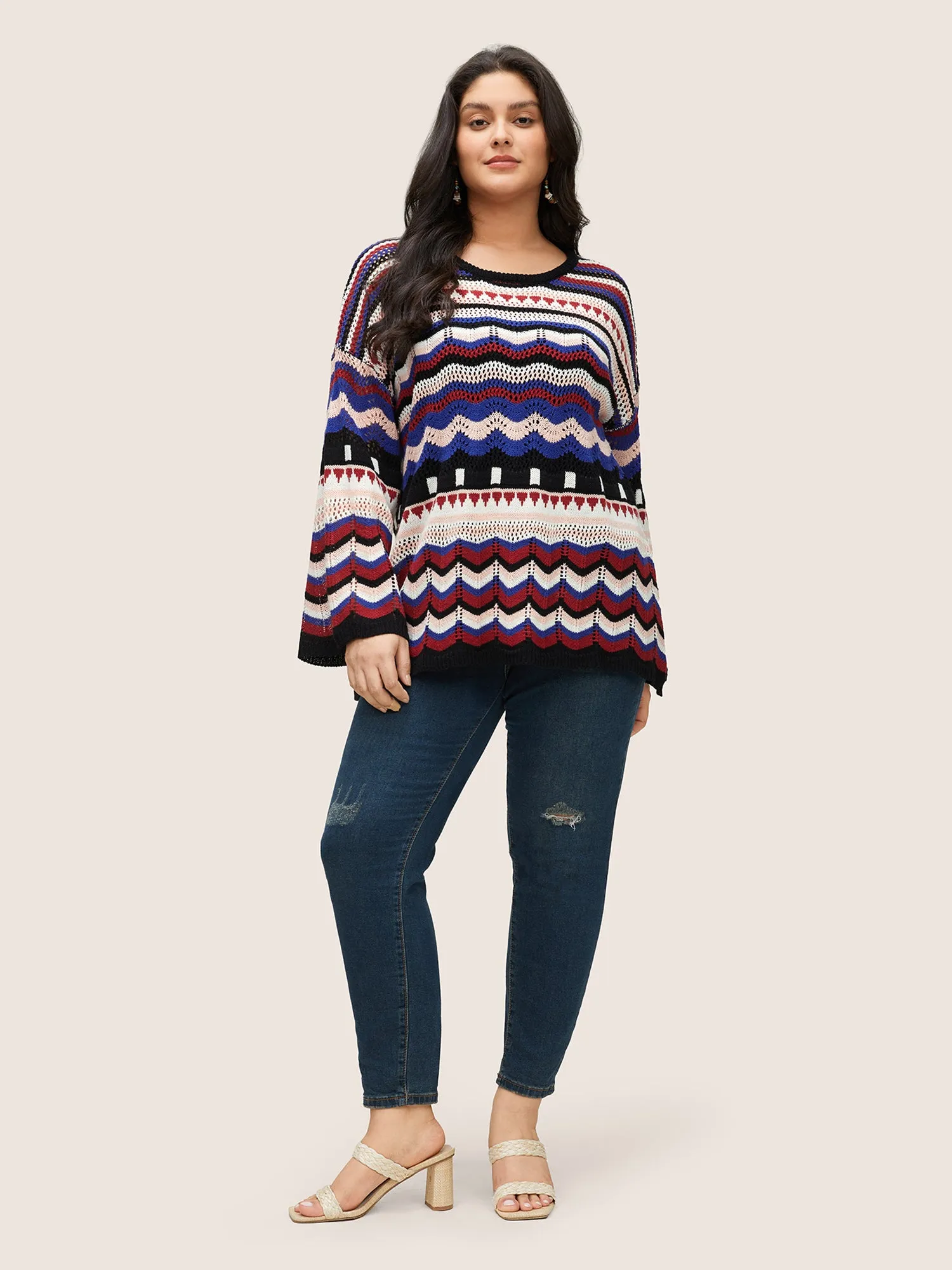 Striped Contrast Hollow Out Drop Shoulder Pullover sold by Bloomchic product image thumbnail 3