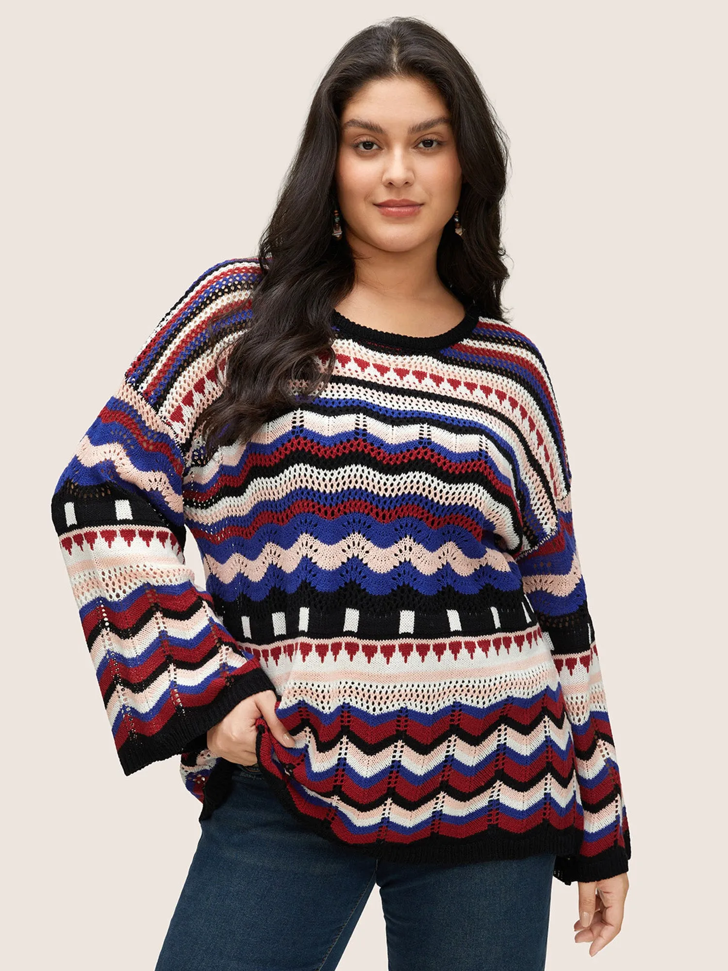 Striped Contrast Hollow Out Drop Shoulder Pullover sold by Bloomchic