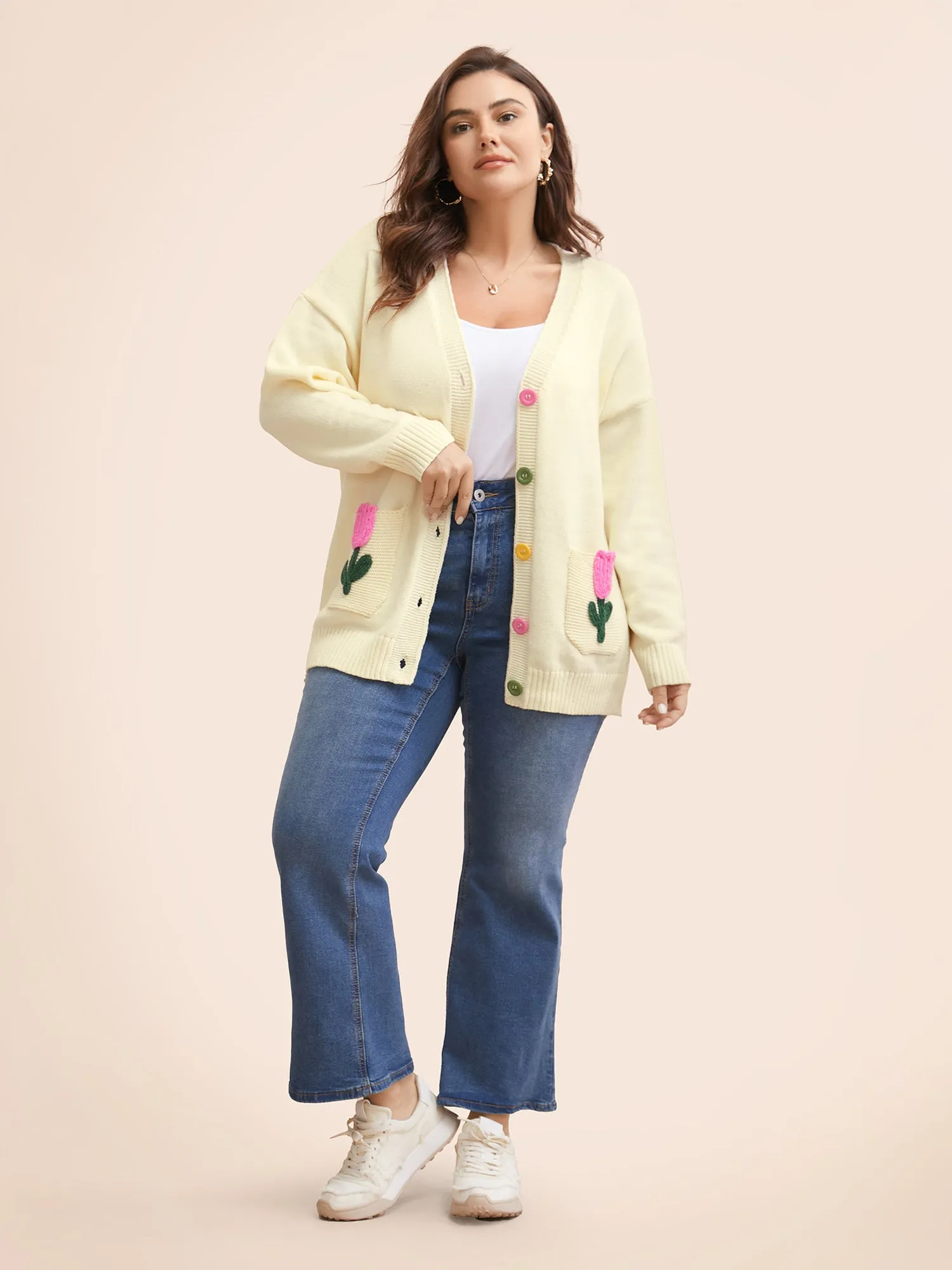 Contrast Crochet Floral Patch Pocket Cardigan sold by Bloomchic product image thumbnail 3