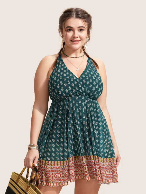 Overlap Collar Boho Print Patchwork Swim Dress sold by Bloomchic