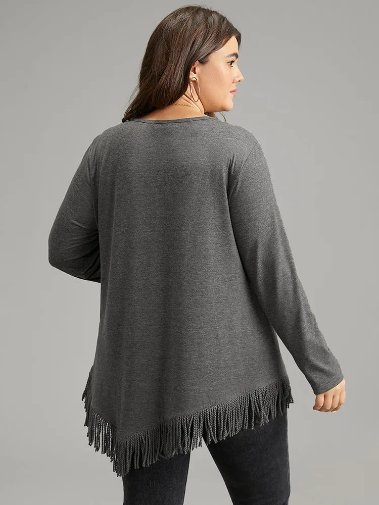 Plain Tassels Trim Hem Long Sleeve T-shirt sold by Bloomchic product image thumbnail 2