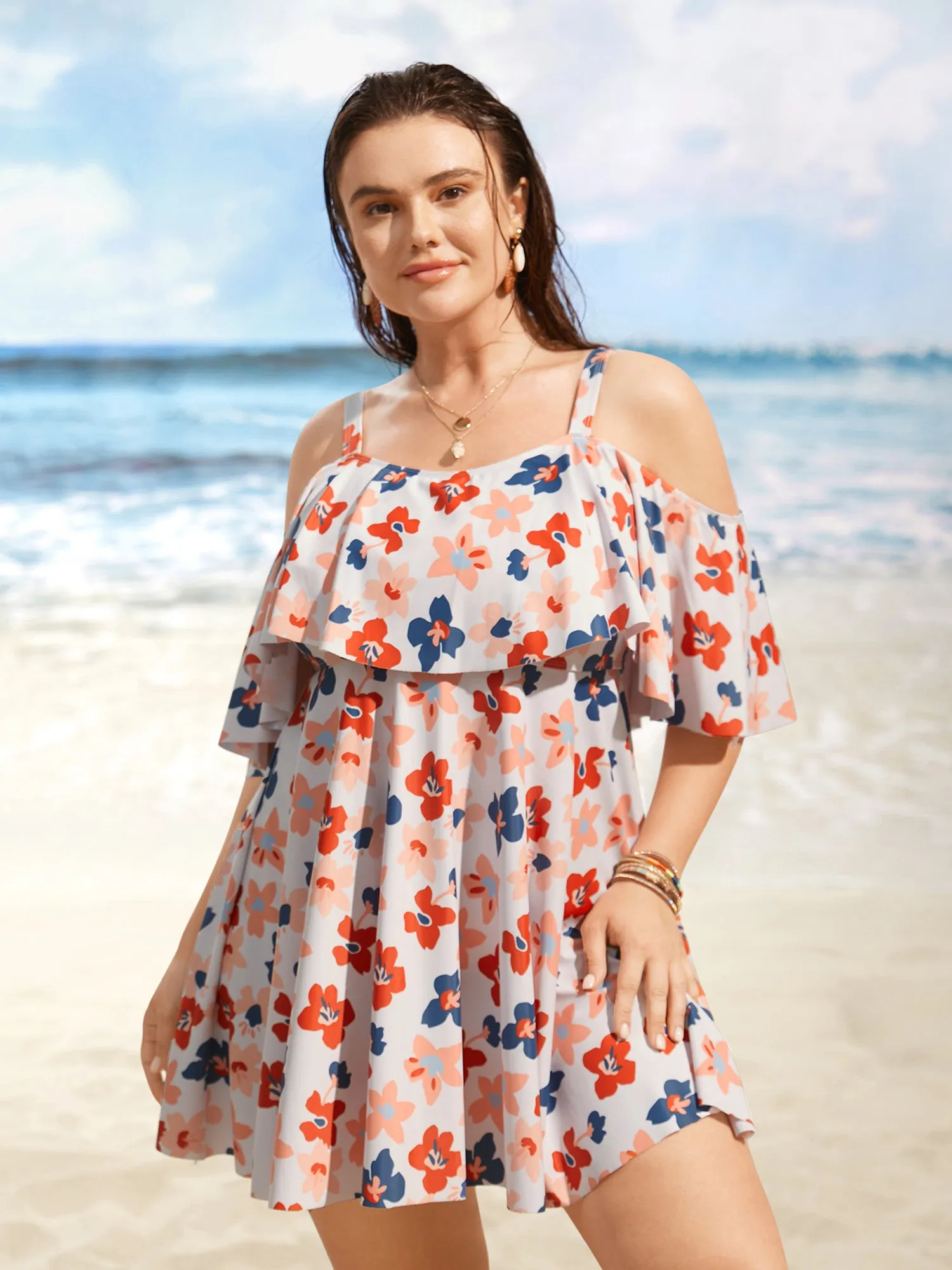 Contrast Floral One Shoulder Neck Ruffles Swim Dress sold by Bloomchic
