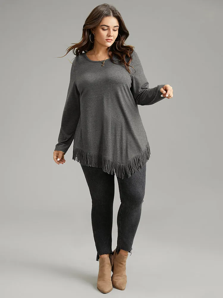 Plain Tassels Trim Hem Long Sleeve T-shirt sold by Bloomchic product image thumbnail 3