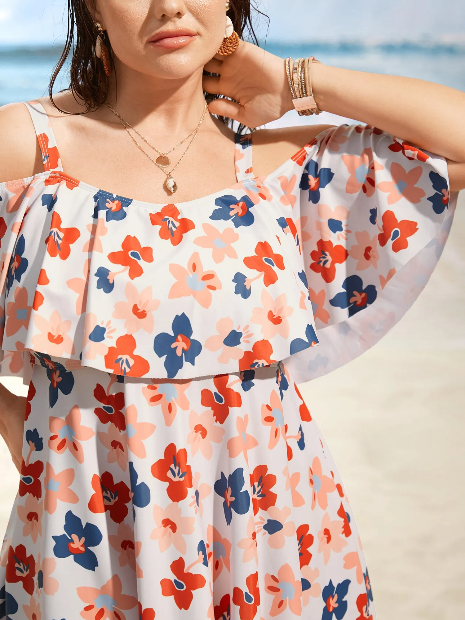 Contrast Floral One Shoulder Neck Ruffles Swim Dress sold by Bloomchic product image thumbnail 4