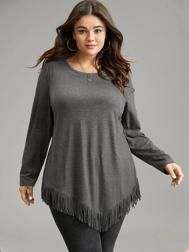 Plain Tassels Trim Hem Long Sleeve T-shirt sold by Bloomchic