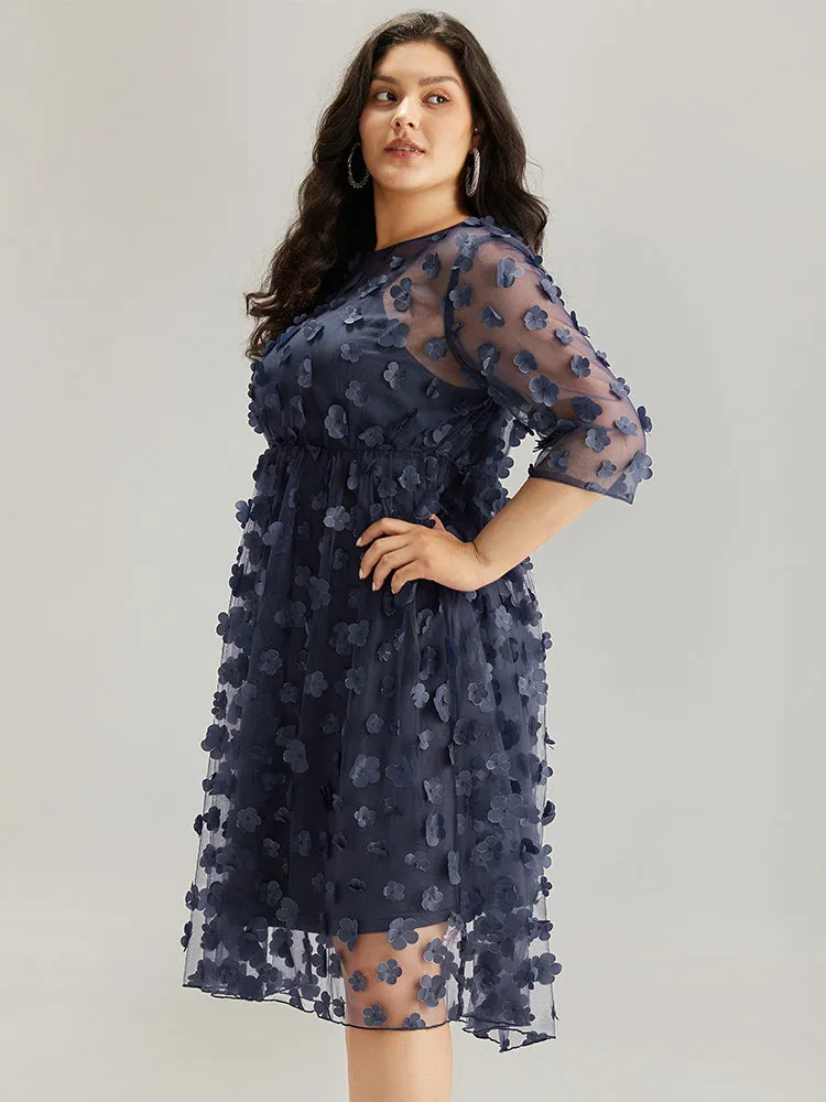 Floral Embroidered Mesh Elastic Waist Crew Neck Dress sold by Bloomchic product image thumbnail 4