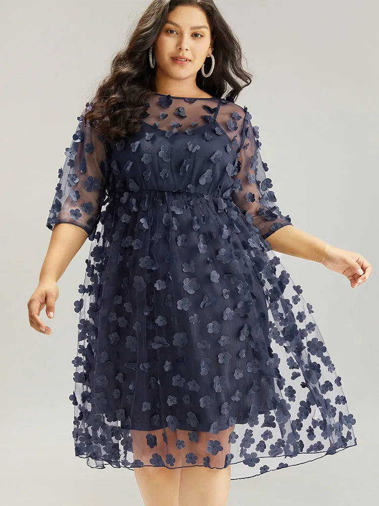 Floral Embroidered Mesh Elastic Waist Crew Neck Dress sold by Bloomchic