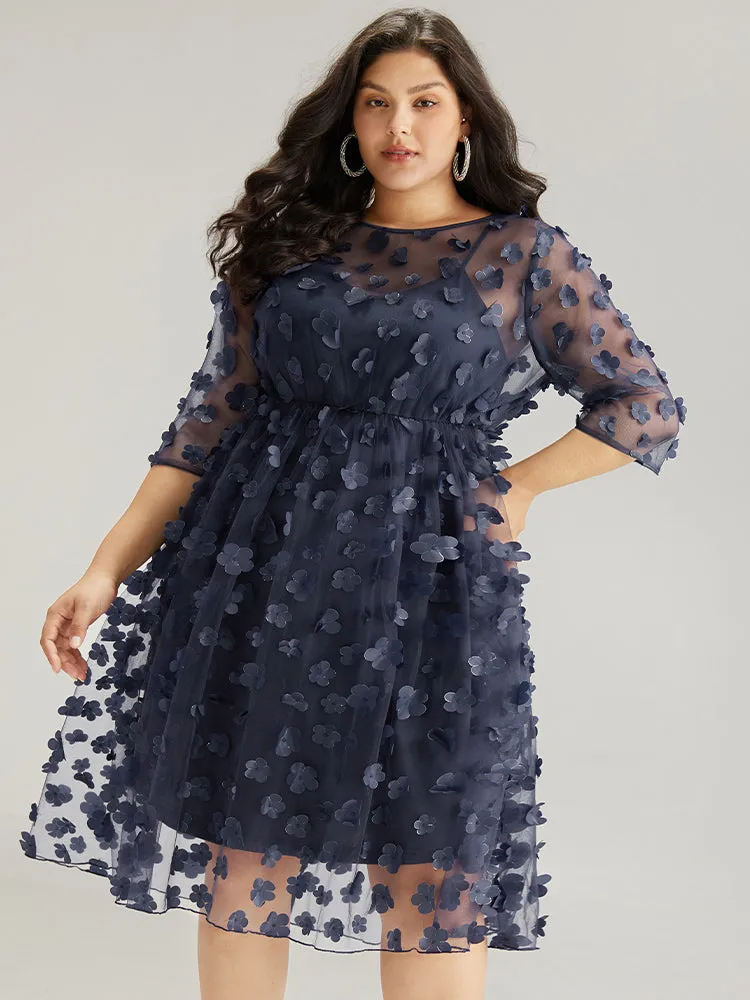 Floral Embroidered Mesh Elastic Waist Crew Neck Dress sold by Bloomchic product image thumbnail 2