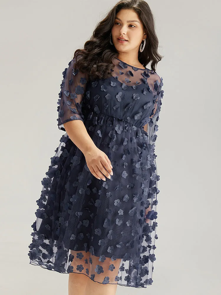 Floral Embroidered Mesh Elastic Waist Crew Neck Dress sold by Bloomchic product image thumbnail 3