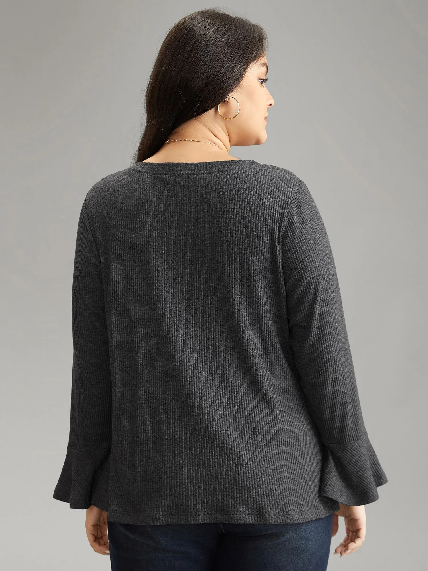 Rib Knit Patchwork Guipure Lace Bell Sleeve T-shirt sold by Bloomchic product image thumbnail 5