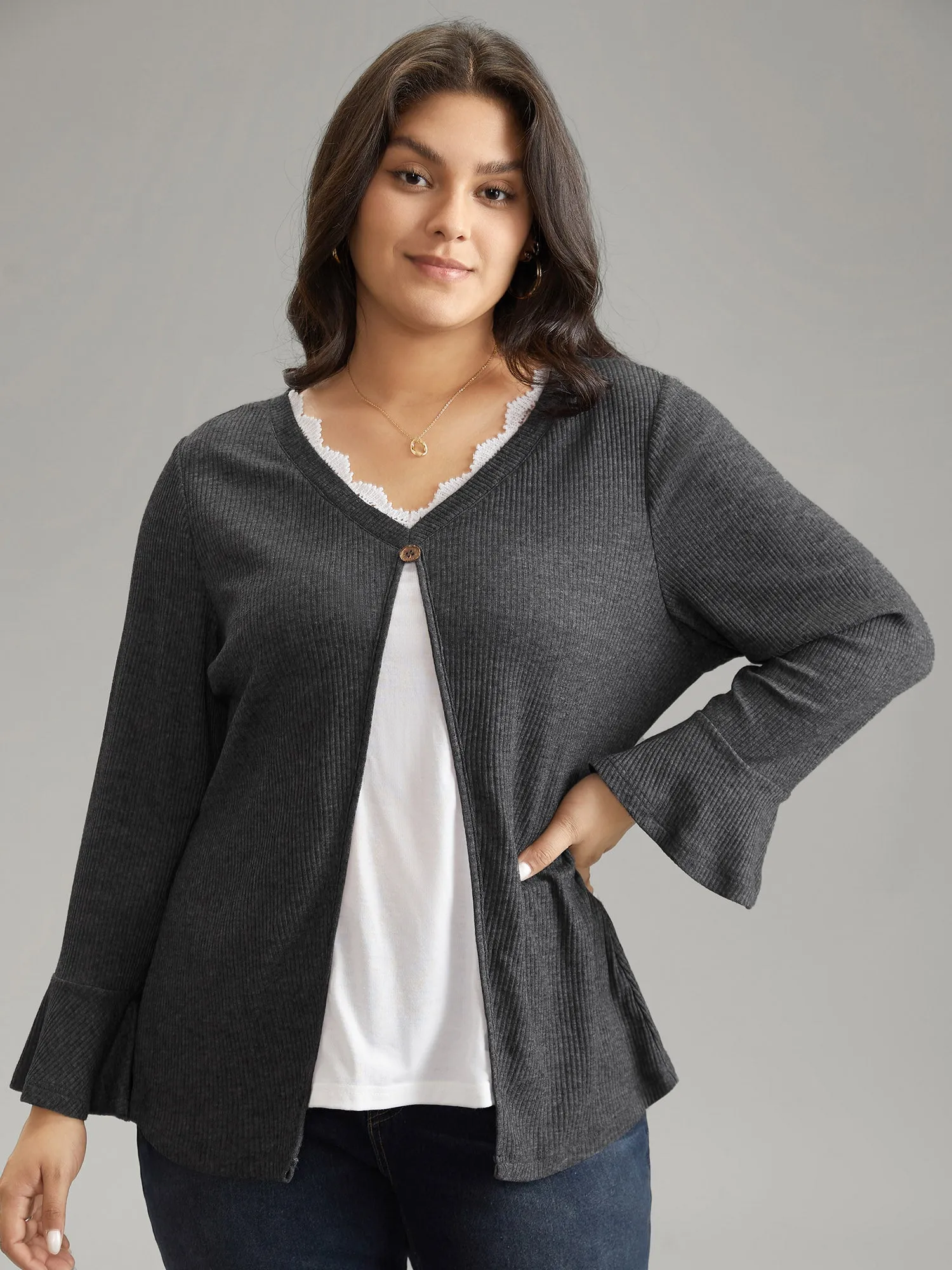 Rib Knit Patchwork Guipure Lace Bell Sleeve T-shirt sold by Bloomchic product image thumbnail 2