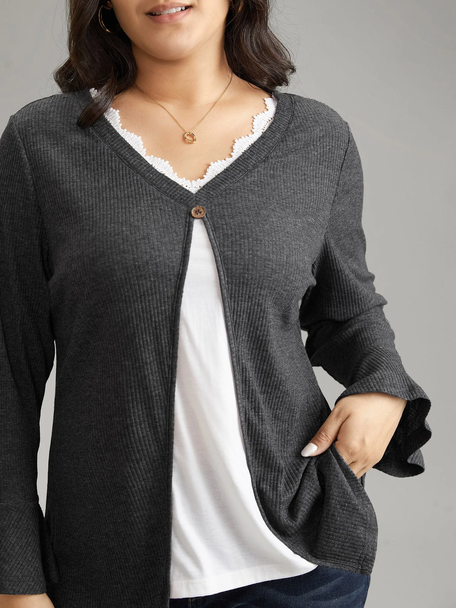 Rib Knit Patchwork Guipure Lace Bell Sleeve T-shirt sold by Bloomchic product image thumbnail 3