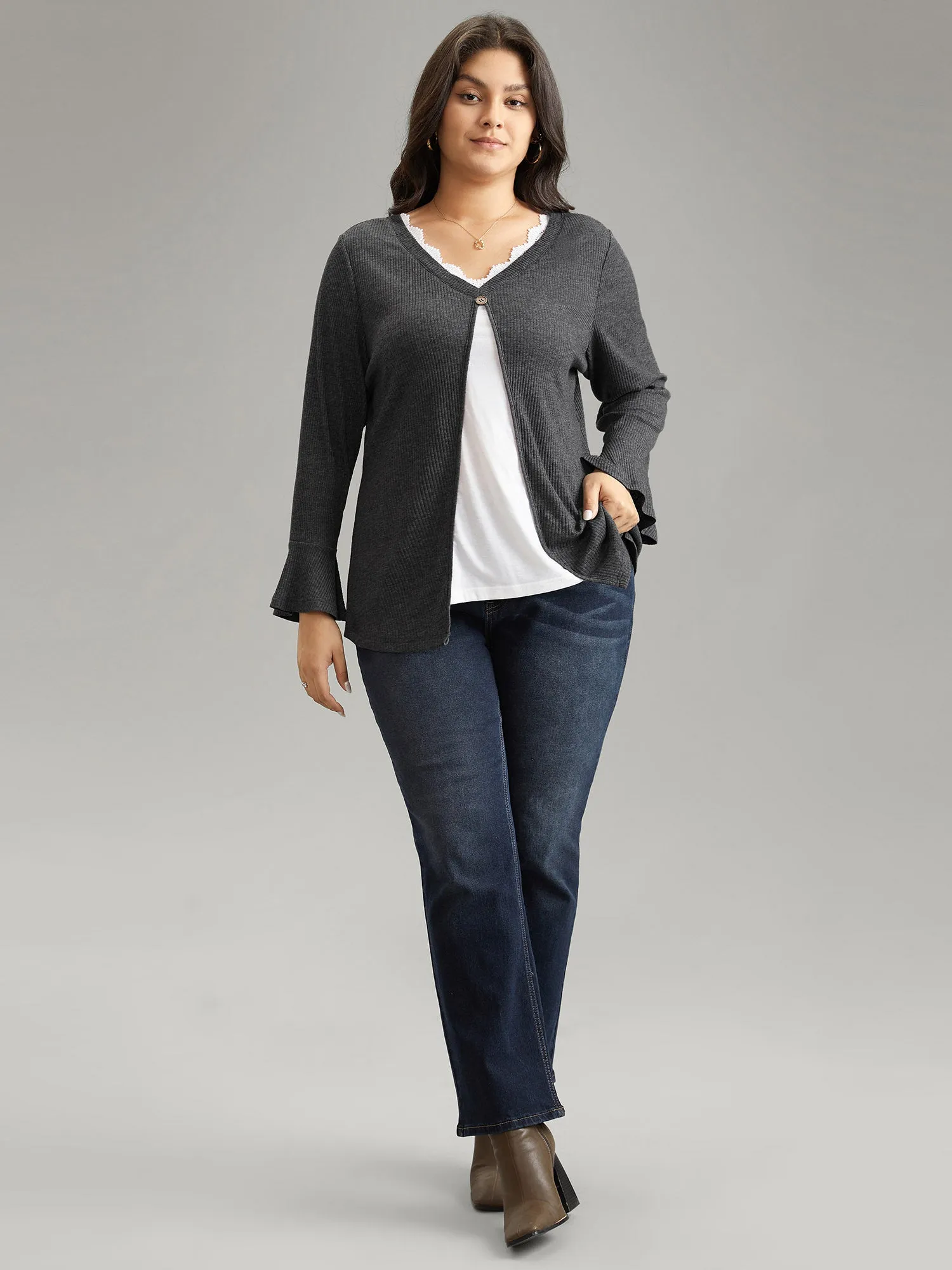 Rib Knit Patchwork Guipure Lace Bell Sleeve T-shirt sold by Bloomchic product image thumbnail 4