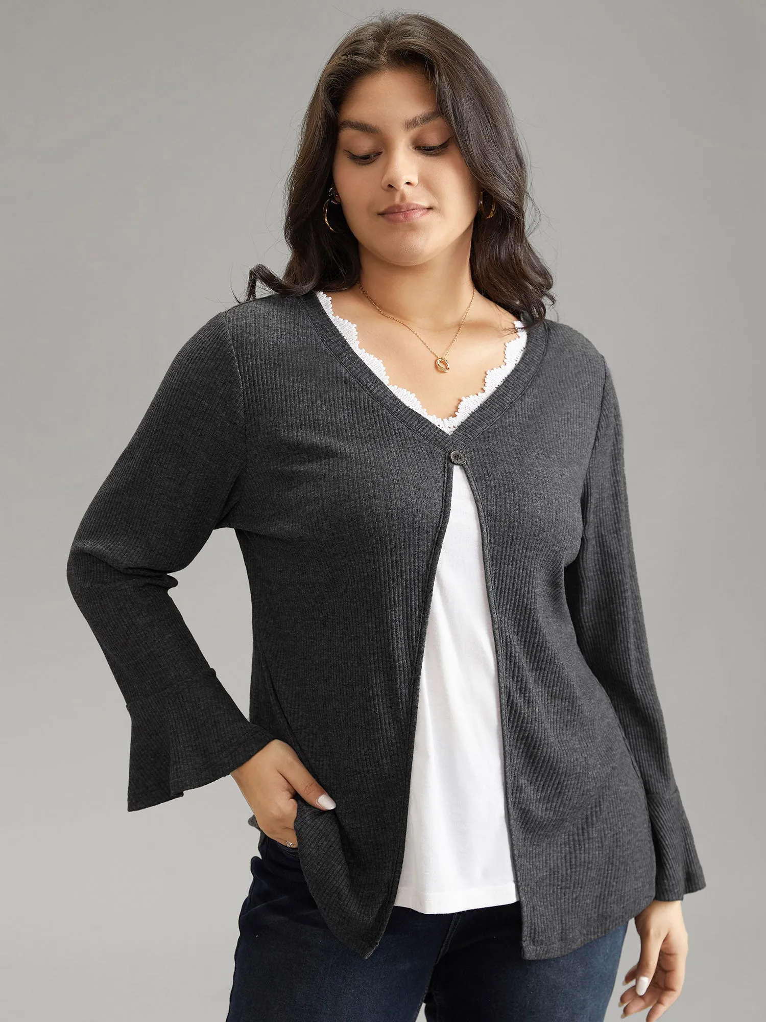 Rib Knit Patchwork Guipure Lace Bell Sleeve T-shirt sold by Bloomchic