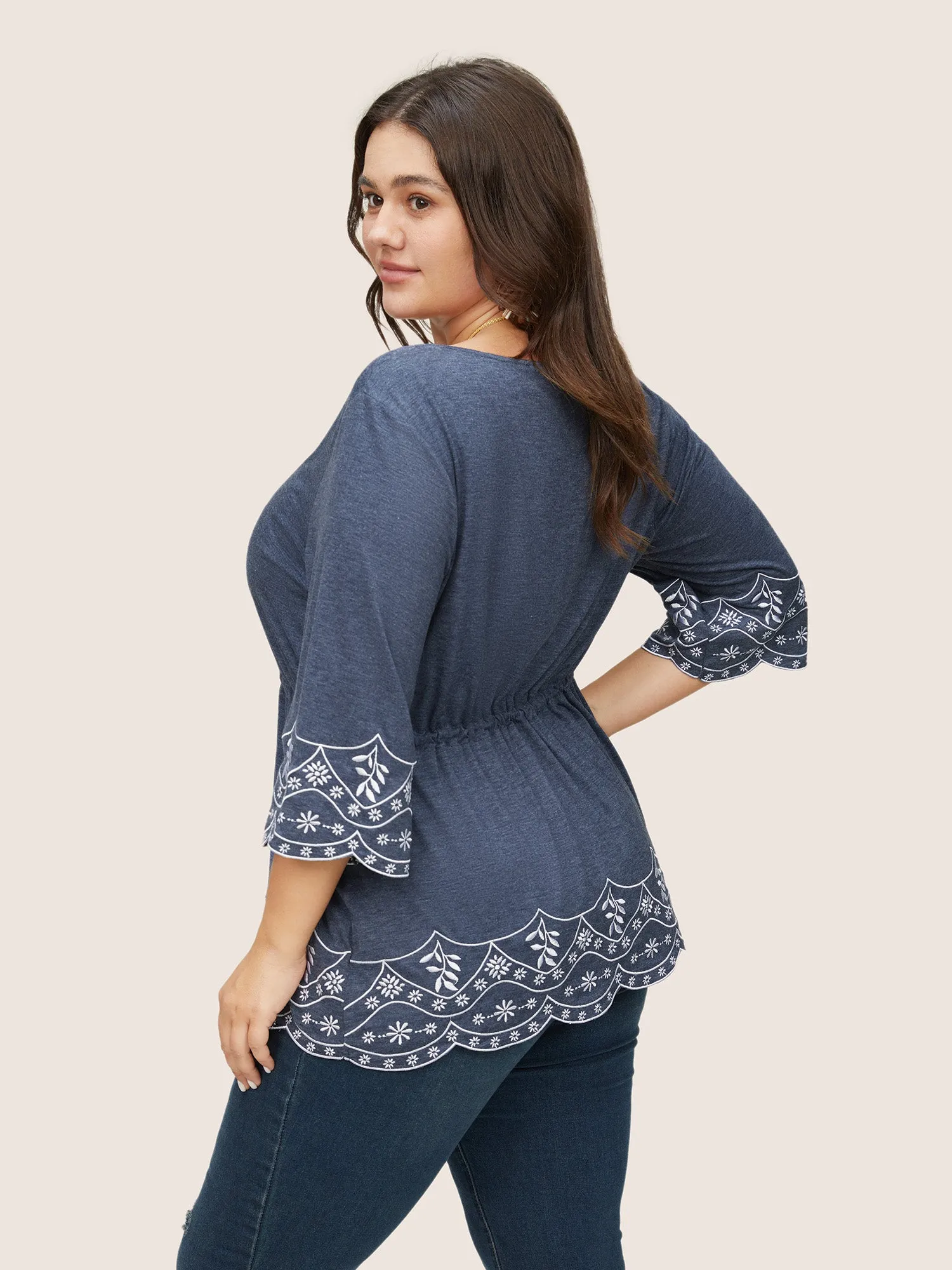 Floral Embroidered Drawstring Scalloped Trim T-shirt sold by Bloomchic product image thumbnail 2