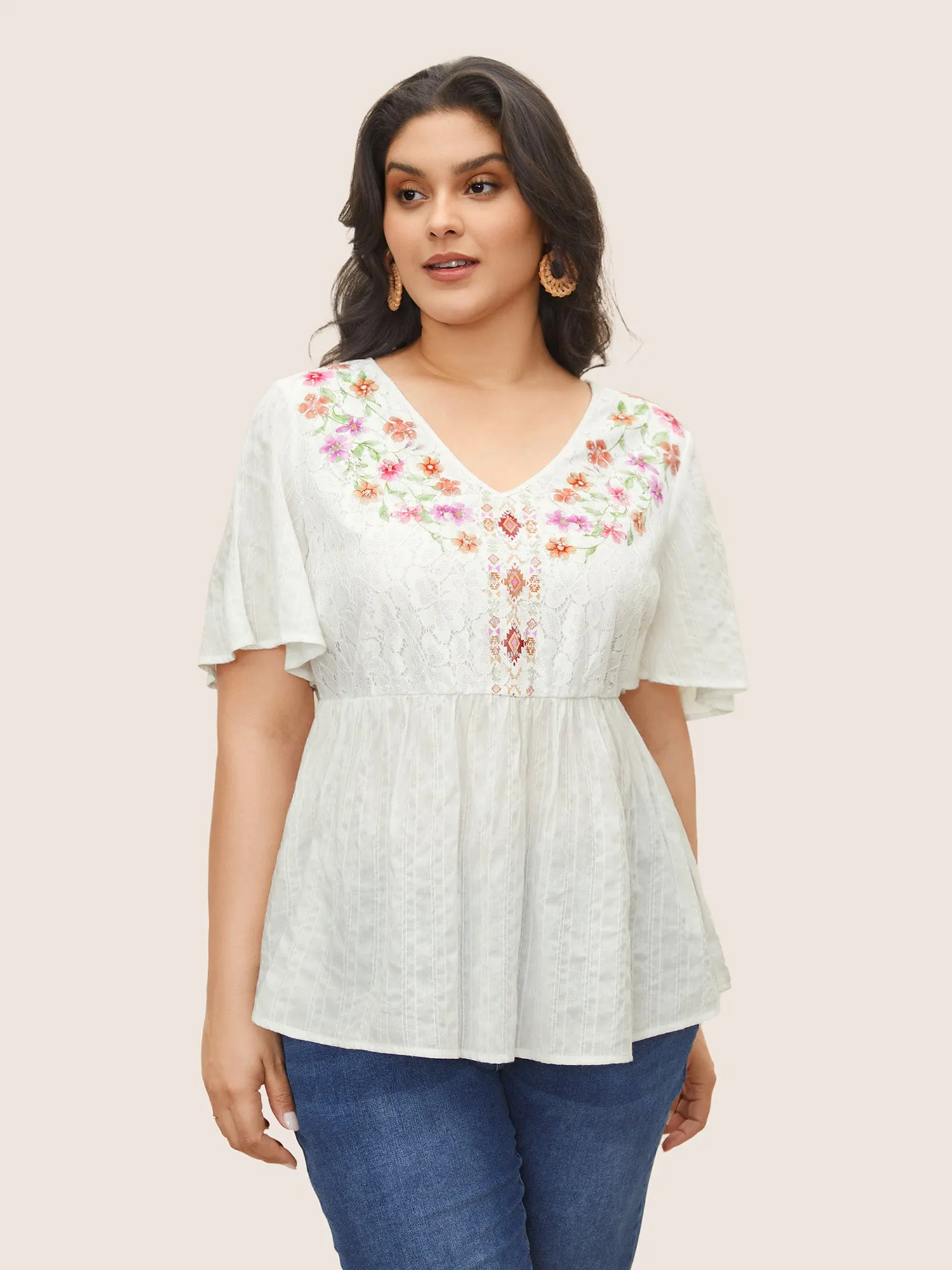 Floral Texture Ruffle Sleeve Gathered Blouse sold by Bloomchic