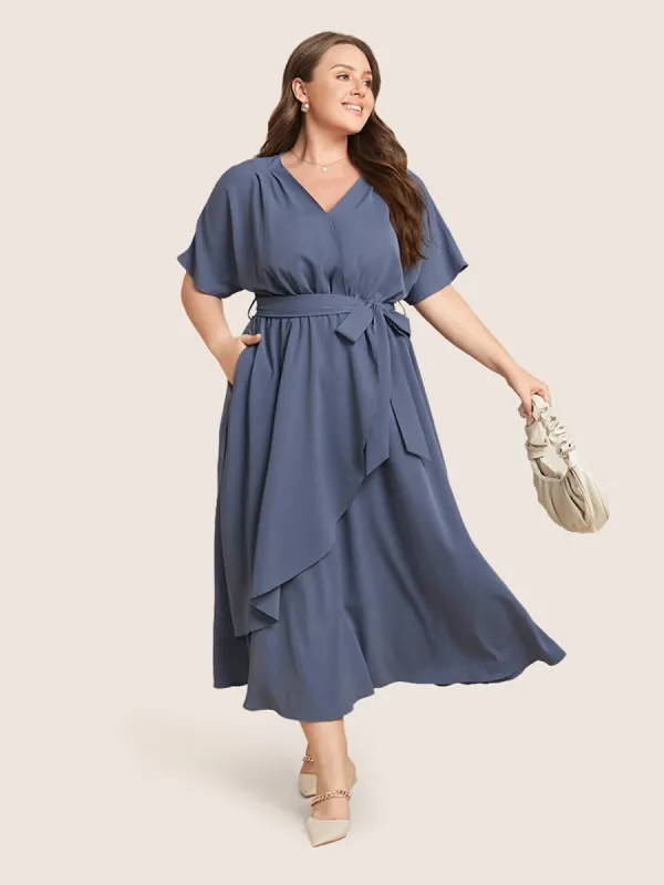 Plain Dolman Sleeve Pocket Belted Surplice Neck Flutter Dress sold by Bloomchic