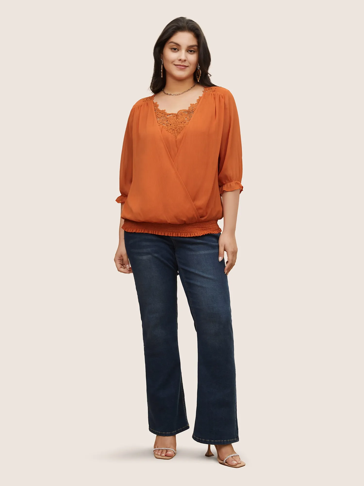 Chiffon Shirred Ruffle Trim Lace Panel Blouse sold by Bloomchic product image thumbnail 2